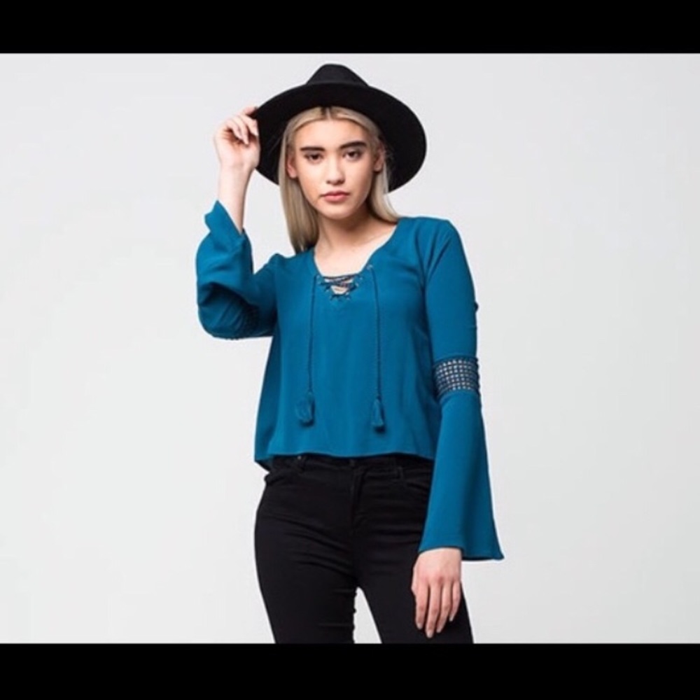 Full Tilt Teal Blue Blouse Lace-Up Flare Bell Sleeve Crochet Boho Flowy Top Sz S